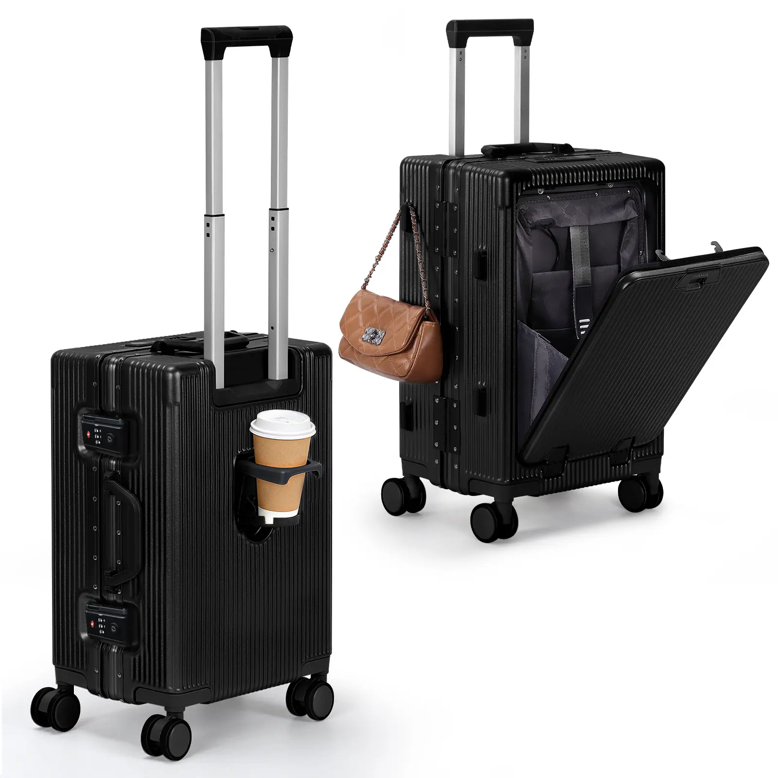 20-Inch PC Hard Shell Carry-On Suitcase with Front-Opening Laptop Pocket, USB Port, Cup Holder & TSA Lock for Business Travel, 20 In, Functional