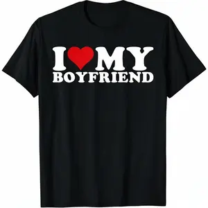 Men's 100% Cotton Classic Oversized Short-Sleeve Round Neck T-Shirt, Smooth Heart Graphics, "I Love My Boyfriend" Print, Menswear Casual Couple's Top