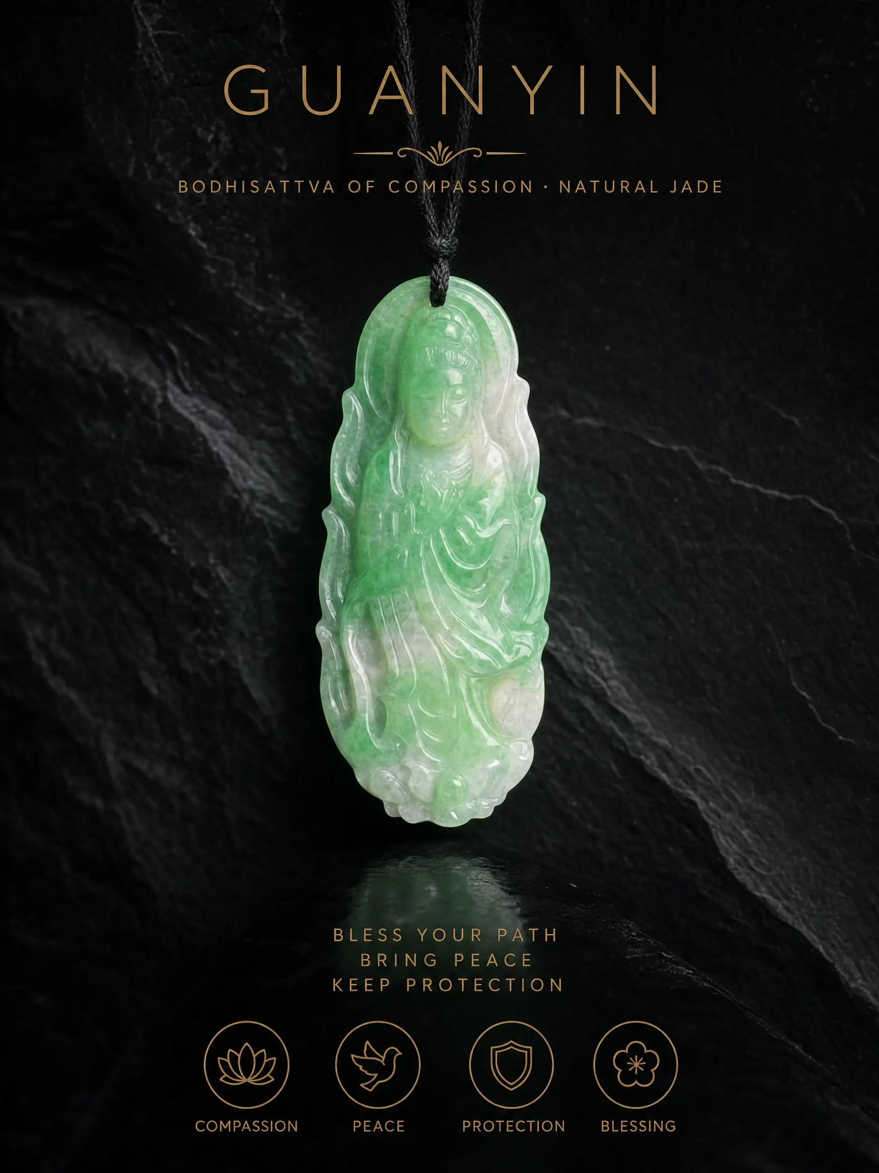 Unisex Hand-Carved Pale Green Genuine Jadeite Guanyin Pendant, 47x19mm Wide Casual Spiritual Amulet for Compassion, Emotional Healing, Protection & Guidance, Mercy