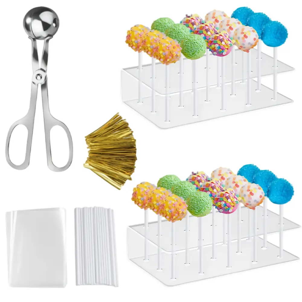 2 Pack Cake Pop Stand with Sticks Kit, Acrylic Lollipop Hold Stand, Includes 2 Clear Cake Pop Display Holder, 1 Cake Pop Mold Roller, 100 Pcs Sticks, 100 Pcs Clear Wrappers, 100 Pcs Gold Twist Ties