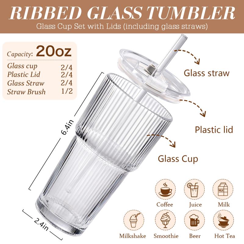 MHDCLY 20oz Ribbed Glass Tumblers Set of 2/4 with Lids & Straws Durable Reusable Leak-Proof Travel-Ready for Iced Coffee Smoothies Juice Cocktails Washable Stylish Drinkware