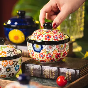 Bohemian Hand-Painted Ceramic Stew Pot with Lid, Household Soup Cup, Double Boiler Steaming Bowl for Egg Custard & Dessert
