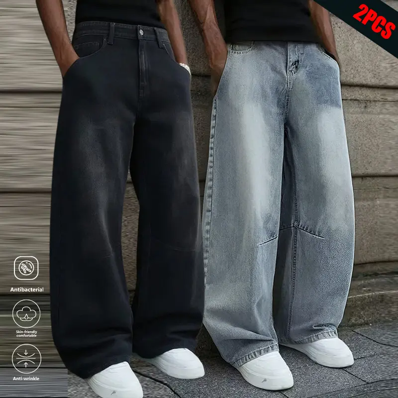Men's Loose Wide-Leg Jeans Straight-Leg Non-Elastic Mid-Waist Breathable Fabric All-Season Classic Street Style Fashionable Casual Wear Comfortable Durable