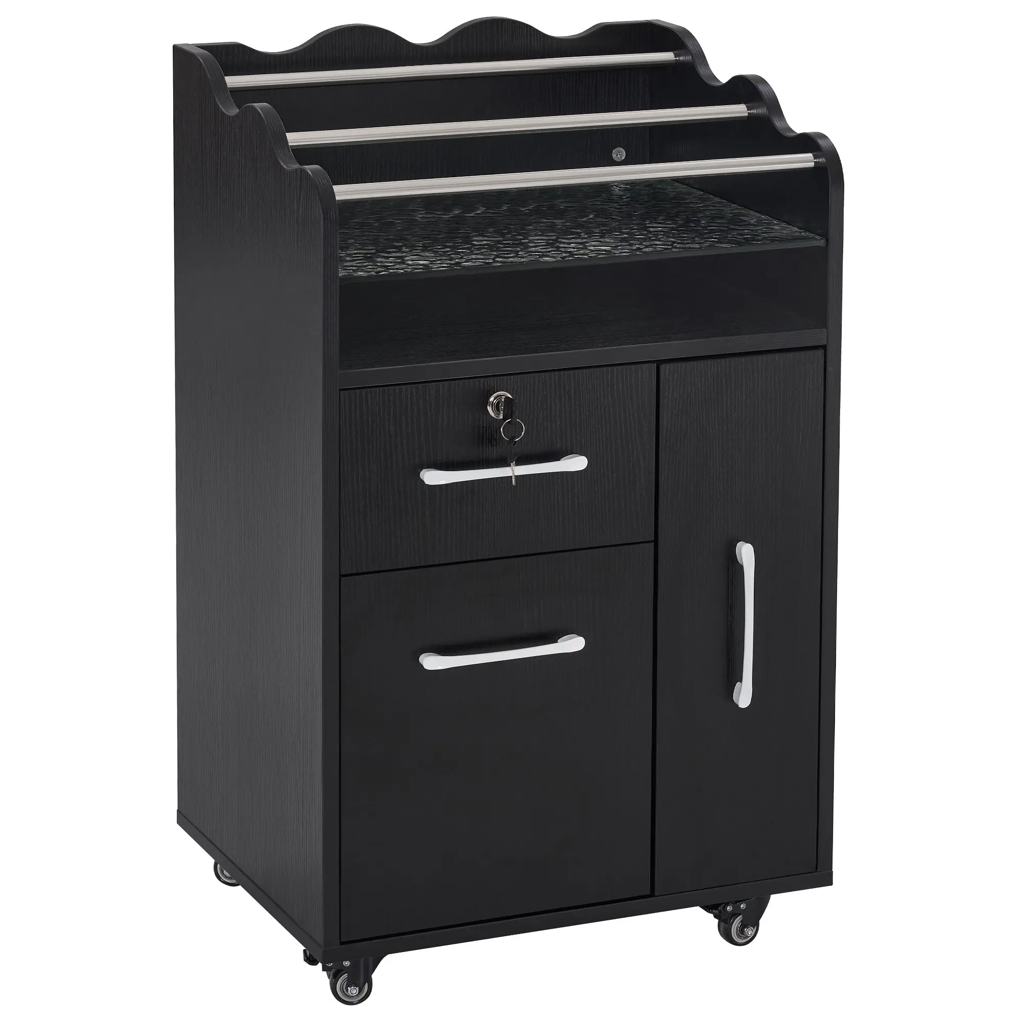 BarberPub Salon Rolling Trolley with Lockable Drawer, Glass Top, Storage Cabinets - Commercial Salon Furniture for Hair Stylists (DC2045)