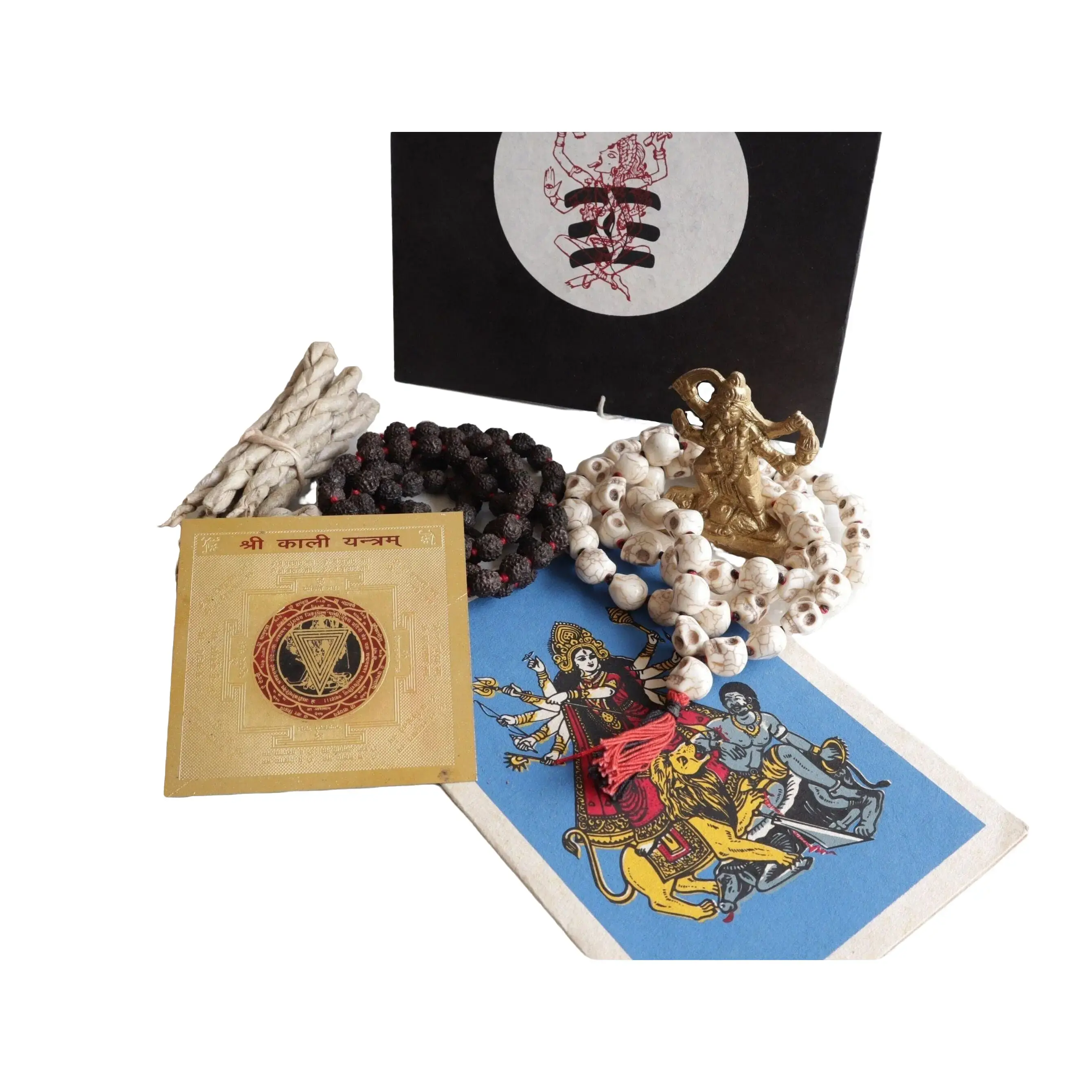 Om Kali Divine Gift Box - Skull Kali Necklace, 108+1 Rosary Rudraksha, Brass Kali Statue, Kali Yantra | Hindu Deity Spiritual Gift Idea