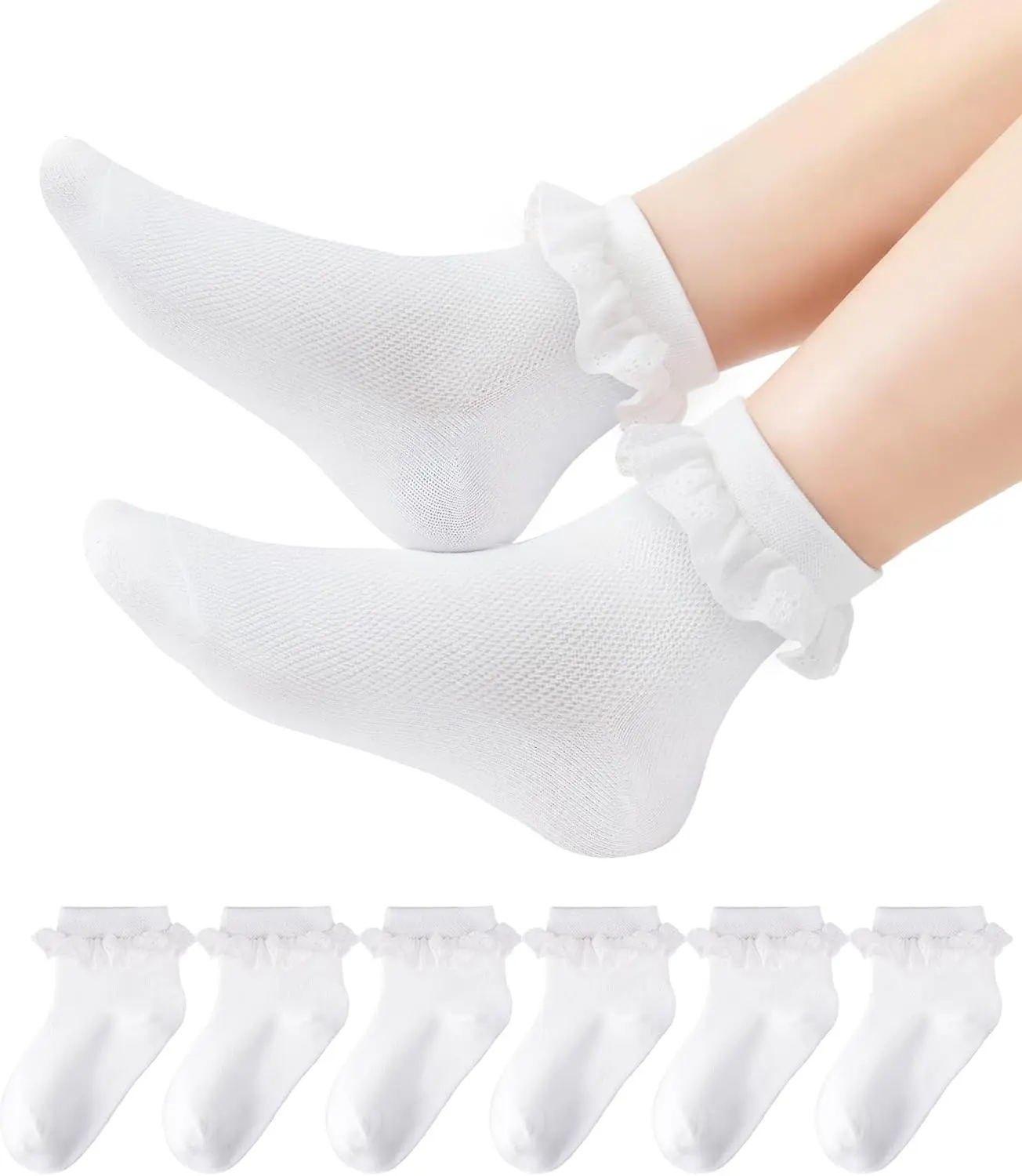 HONGTEYA 6 Pairs Girls' Ruffled Cuff Cotton Socks - Snug Fit, School Wear Ankle-Crew Socks for Kids