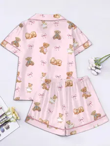 Cute Bear Bowknot Print Pajamas Set, Short Sleeve T-Shirt and Shorts Cardigan Two-Piece, Casual Homewear Loungewear for All Seasons