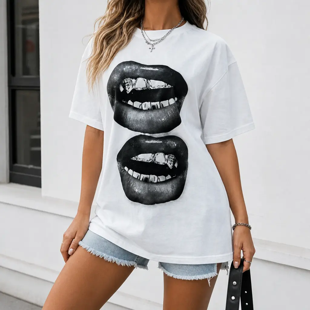 Oversized Short Sleeve T Shirt For Women Hip Hop Lips Graphic Print Loose Fit Casual Crew Neck Tee For Daily Street Wear Party Outfit