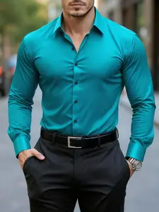 Men's Formal Shirt Long Sleeve Cs36 Peacock Blue, Classic Pointed Collar Business Shirt, Office and Party Wear, Durable Structure