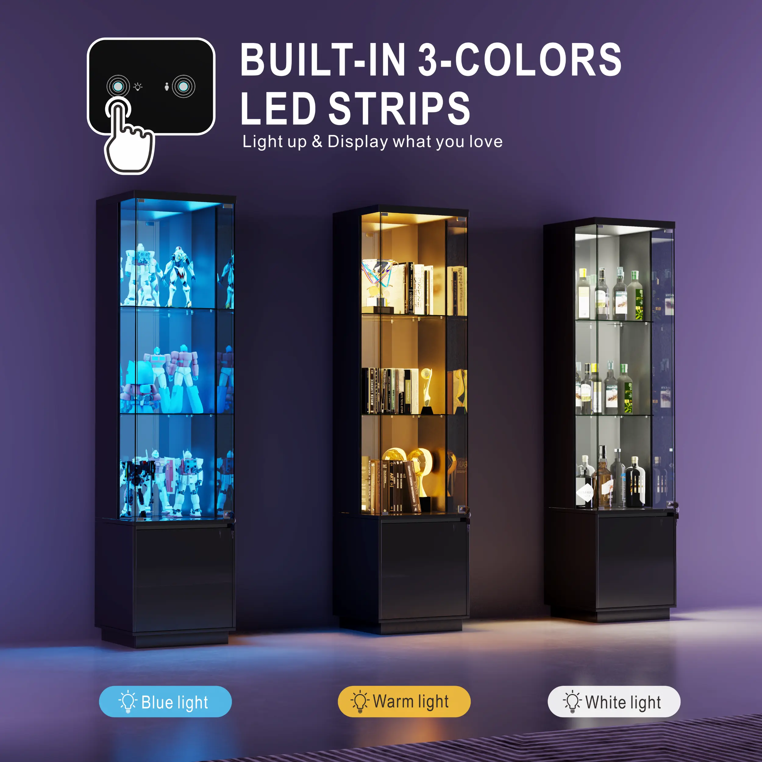 MIU Lockable Curio Display Cabinet with Glass Door,65" Lighted Curio Cabinet with 3 Color Lights for Collectibles,3-Tier Glass Display Case with Human Body Sensor for Living Room,White/Black