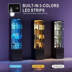 MIU Lockable Curio Display Cabinet with Glass Door,65" Lighted Curio Cabinet with 3 Color Lights for Collectibles,3-Tier Glass Display Case with Human Body Sensor for Living Room,White/Black