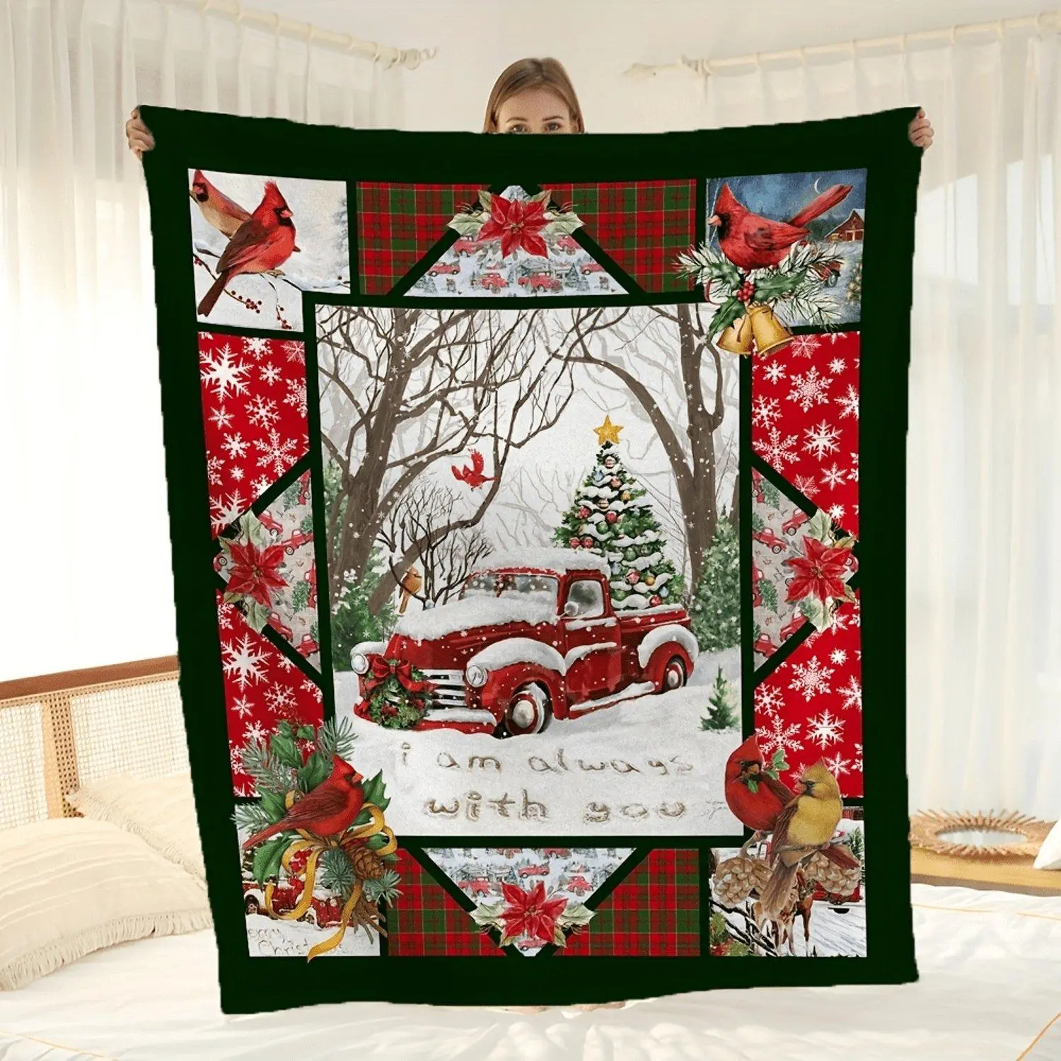Snow Scene Blanket| Cozy Christmas-Themed Blanket with Vintage Truck & Snow Scene - Soft Flannel, Machine Washable, All-Season Comfort, Perfect for Couch or Bed, Festive Red, Green, and White Design with "I Am Always with You" Script, Best for Christmas