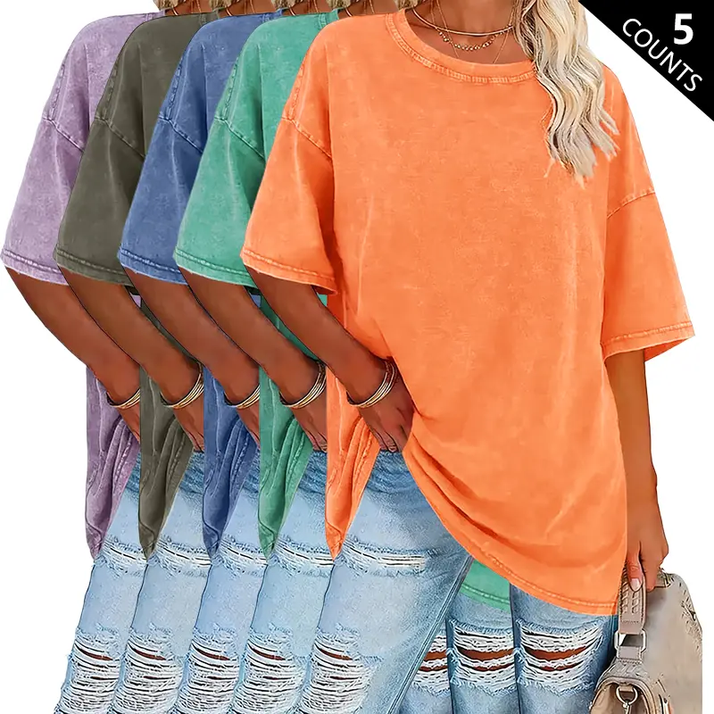 5-Pack Lady's Casual 230 g/m² Thick Washed Pure Cotton T-Shirts, High-Quality Vintage Streetwear Retro Crew Neck Short Sleeve Summer Top, Women's Casual Clothes 5-Pack Lady's Casual 230 g/m² Thick Washed Pure Cotton T-Shirts, High-Quality Vintage Streetwear Retro Crew Neck Short Sleeve Summer Top, Women's Casual Clothes