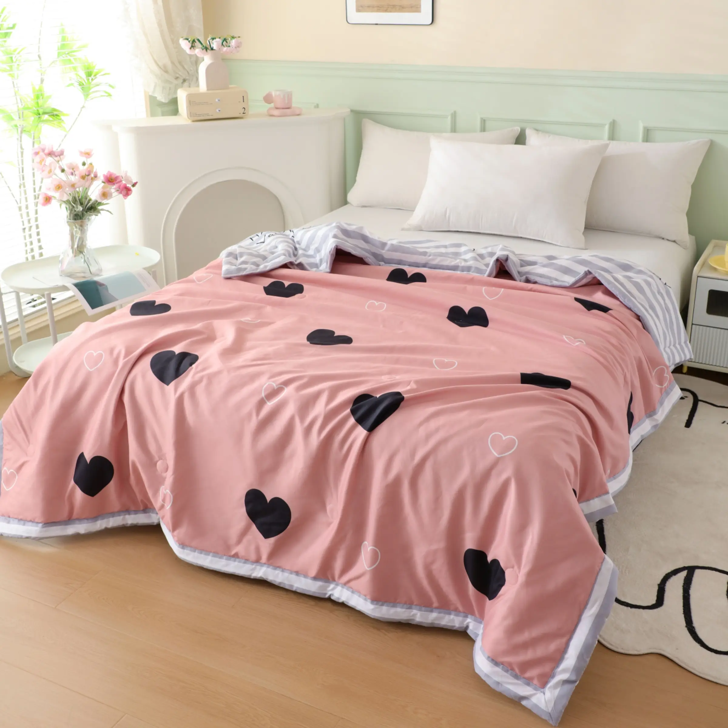 Heart Washable Cotton Breathable Summer Quilt, Machine Washable Quilted, Precise Stitching Craftsmanship, No Deformation, Suitable for Single Twin Couple