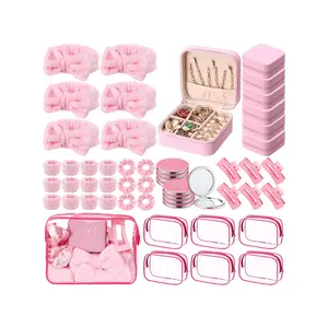48 Pcs Pink Spa Party Favors For Women Pink Beige Sleepover Set Headband Wristband Scrunchies Hair Clip Jewelry Case Makeup Bag Bridesmaid Gifts