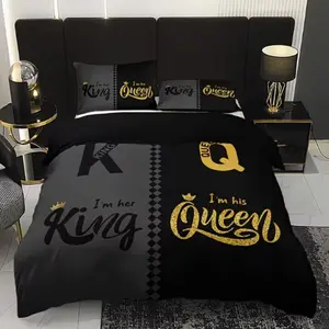 3pcs Crown Letter Bedroom Bedding Set (1 Fitted Sheet + 2 Pillowcases), High Definition Print, Home Dormitory Use