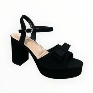 Bave-9 Platform Block Heel with Beautiful Bow - Black Sandal with Ankle Strap and Platform Design