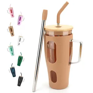 Hydraful 40 oz Glass Tumbler with Straw and Lid Glass Tumbler with Handle Reusable Glass Cup with Silicone Sleeve and Time Marker Fits in Cup Holder Boba Smoothie Cup