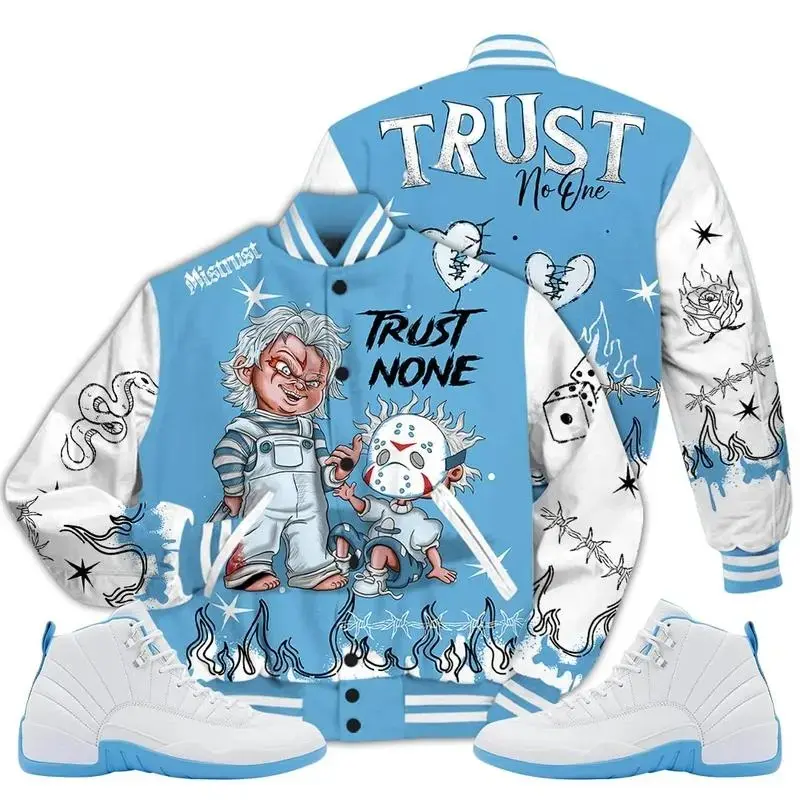 12 Melo Varsity Jacket, 2026 Retro Melo 12s Shirt, Trust None Graffiti Couples Matching Outfits, Unisex Baseball Jacket, Varsity Sport Coat, Casual Street Fashion