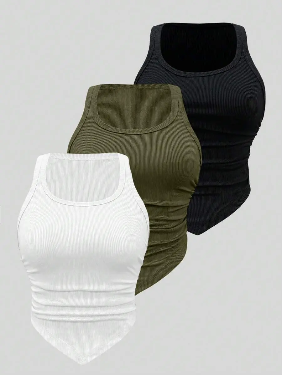 Multi-Color Set Of Ribbed Tank Top With Chevron Stitching At Hemline And Ruched