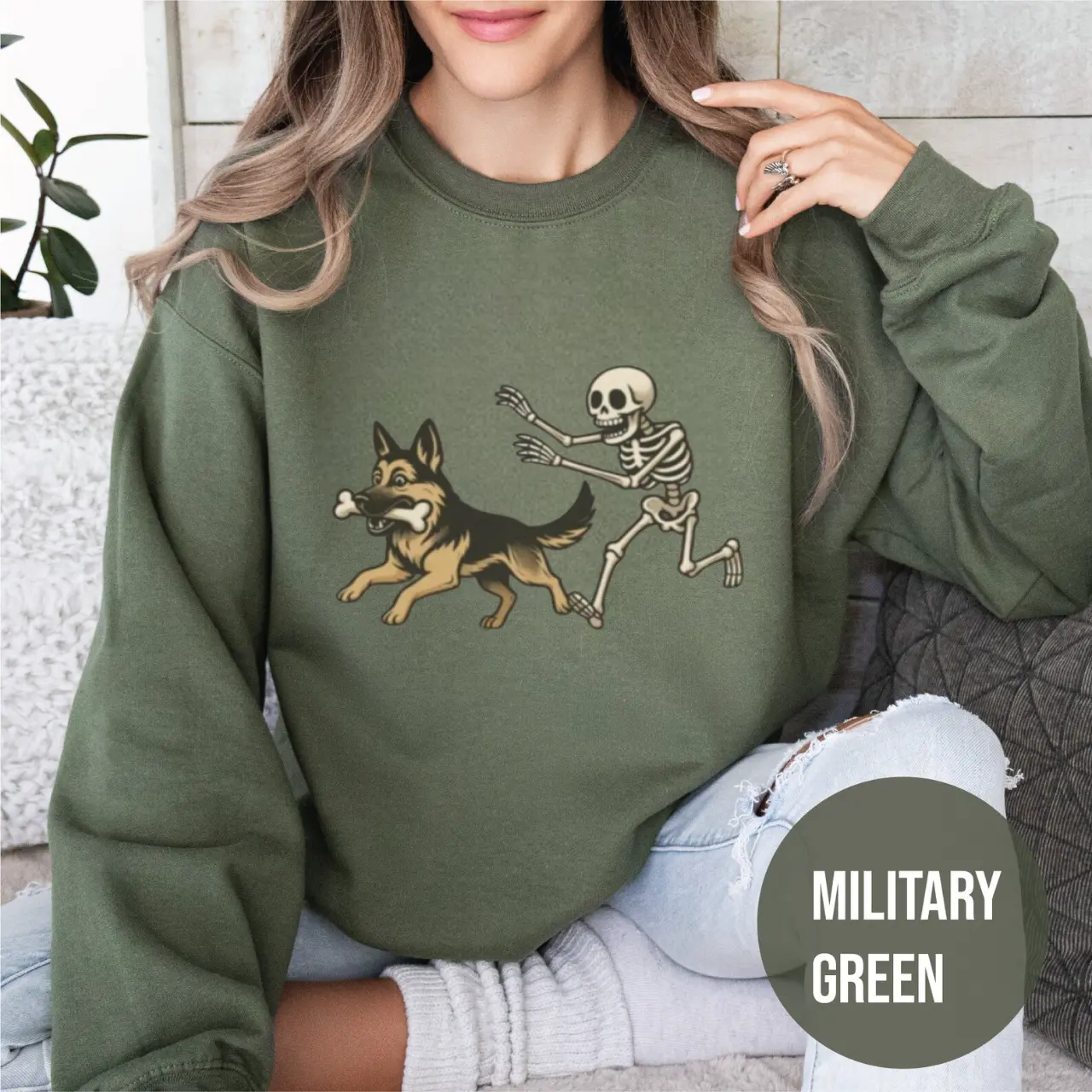 Women's German Shepherd Halloween Hoodie - Cute Spooky Skeleton Graphic Sweatshirt, Unisex Casual Fit Party Costume