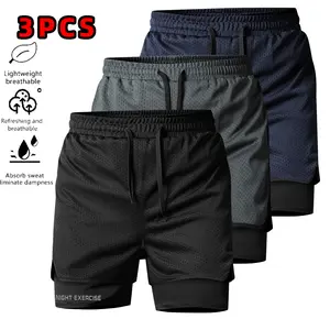 3PCS  Men’s  Quick-Dry Stretch Athletic Shorts – Summer Sports, Casual Fitness & Running, Underwear/Base Layer Style, Letter Print