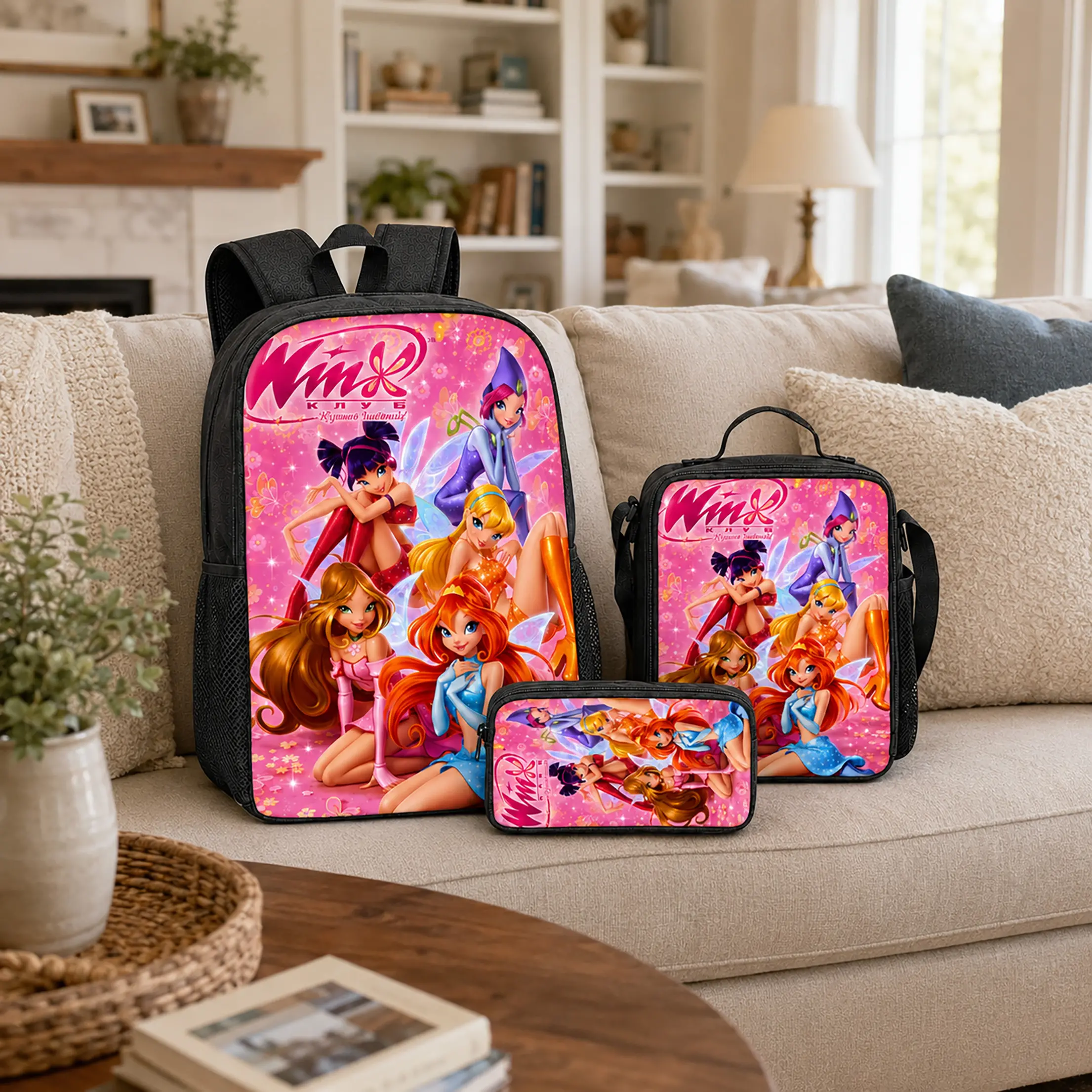 Magic Fairy Girls Backpack Set 3Pcs Girls School Bag Lunch Bag Pencil Case Cartoon Fairy Print Lightweight Large Capacity Bookbag Daypack Back To School Travel Gift For Kids Teens Students