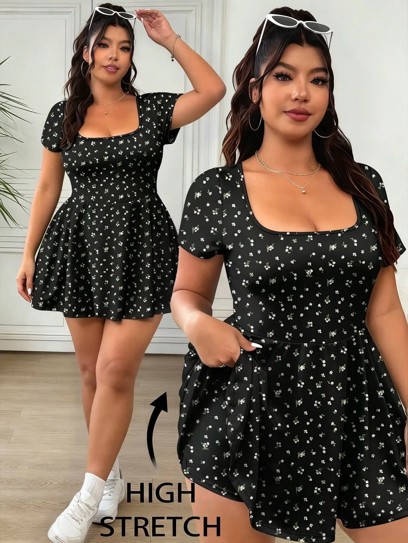 LALUZ Plus Size Ditsy Floral Casual Jumpsuit Suitable For Summer Wide Leg Flowy Beach Vacation Outfit