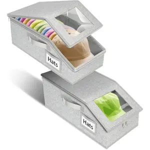 Stackable Hat Storage for Baseball Caps, 2 PCS Hat Storage Boxes for Closet, Holds up to 30 Caps with Cardboard, Hat Organizer for Women & Men(Two Clear Window) (Grey)