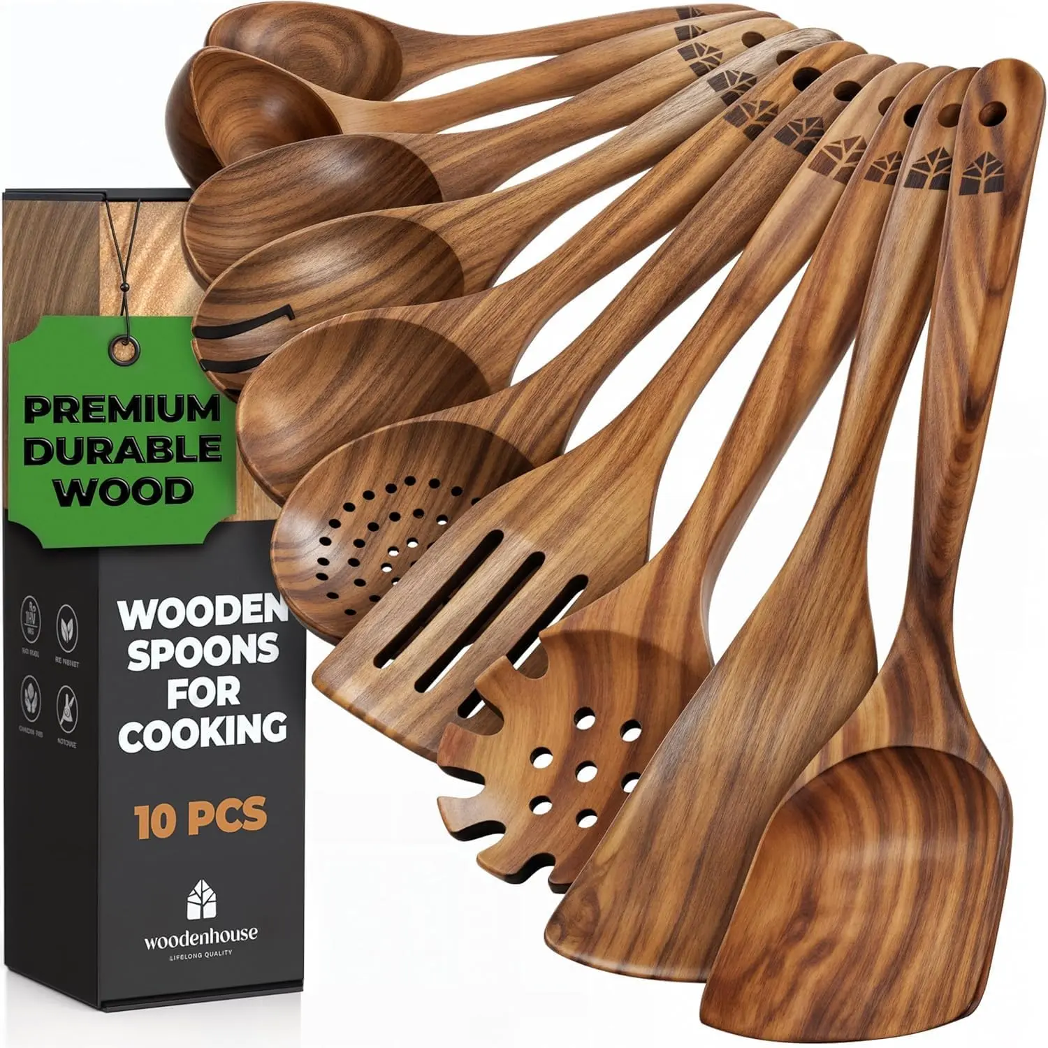 10-Piece Teak Wood Cooking Utensil Set – Durable, Heat Resistant, Nonstick Safe Wooden Spoons with Ergonomic Handles