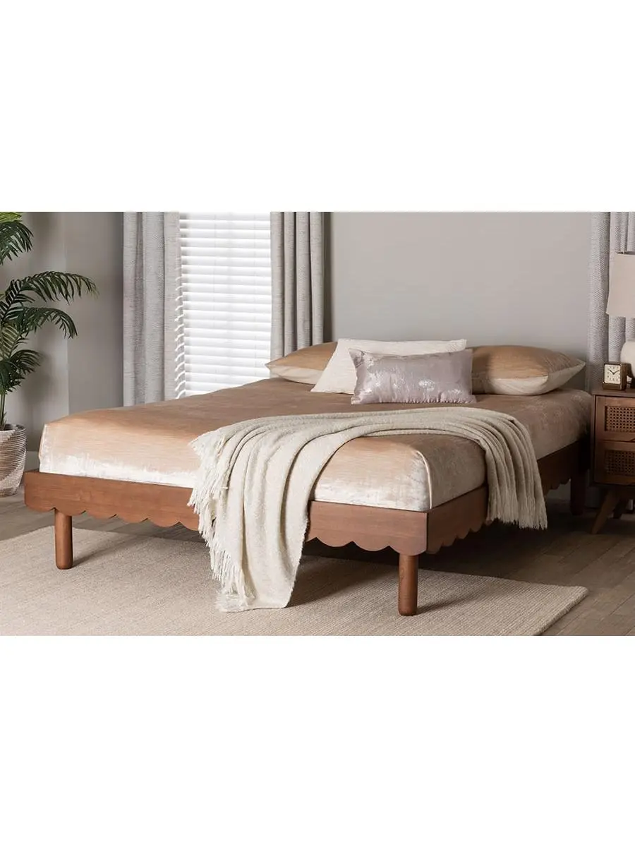 Baxton Studio Orianthe Scalloped Queen-Size Bed Frame - Walnut Brown, Classic Style, Curved Top, Freestanding Frame, Classic Style Beds, Curved Top Beds
