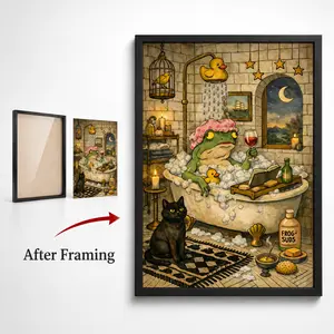 Charming Frog Bath Canvas Art Print - Unframed Retro Wall Decor for Living Room, Bedroom, and Home Office
