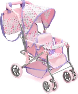 Baby Doll Double Stroller Twin Buggy Carriage for Girls – Pink & Purple Floral Pretend Play Doll Stroller with Rotating Wheels, Storage Basket & Diaper Bag – Adjustable Twin Doll Stroller for Ages 3+