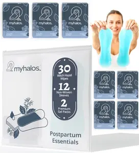 MyHalos Postpartum Cooling Relief Kit – Perineal Cold Gel Packs & Witch Hazel Wipes for After Birth, C-Section & Hemorrhoid Comfort (44 pcs)