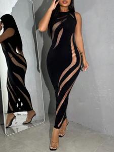 One size thin knitting Women's Black Sleeveless Striped Hollow Out Dress Formal Elegant Strapless Long Outfit for Girls summerwins