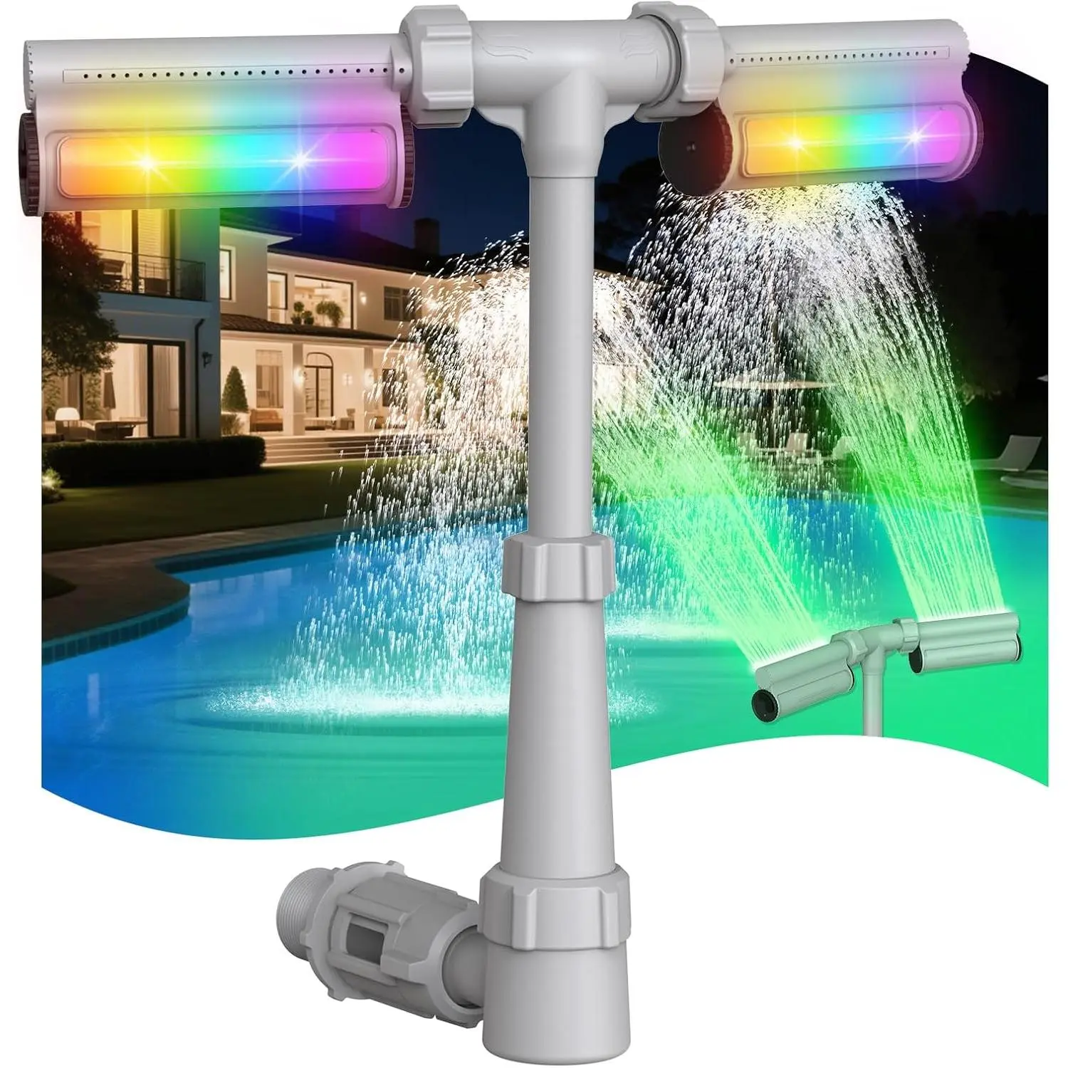 Swimming-Pool Waterfall Fountain w/Colorful Led-Lights - 7 Color Changing Above/Inground Pool Fountain Lights with Remote, Water Sprinkler Adjustable Height Pool Sprayer for Outdoor Yard Decoration