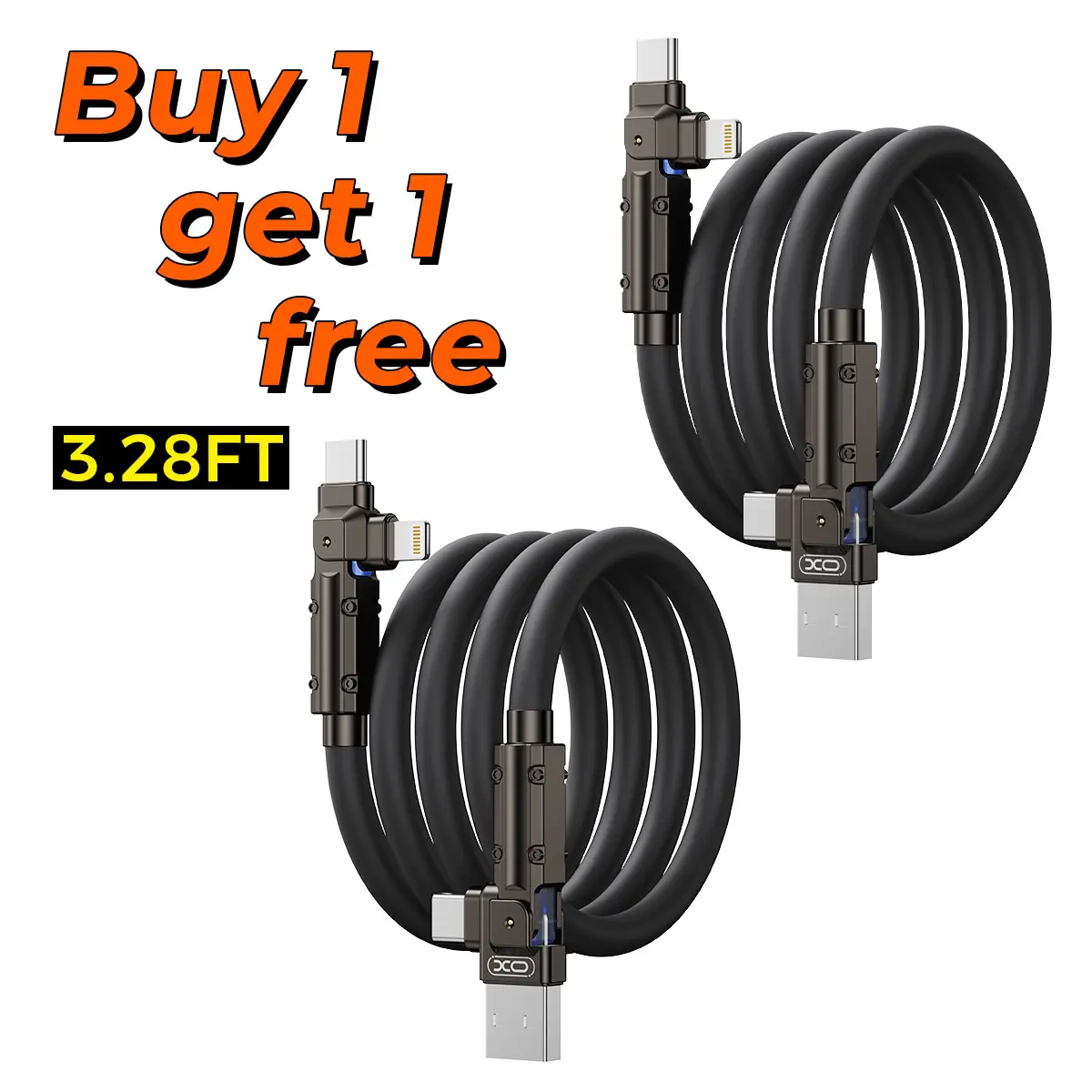 Buy 1 Get 1, Rotatable 4-in-1 Fast Charging Cable with PD 60W, Liquid Silicone Tangle-Free Design, 480Mbps Data Transfer for iPhone 17/16/15/14/13, Samsung, MacBook, iPad Series