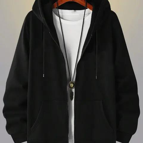 Men's Solid Color Zip Up Hoodie, Casual Streetwear Hoodie, Casual Regular Fit Long Sleeve Hooded Sweatshirt for Fall & Winter, Men's Clothes for Daily Wear, Everyday Zip Up Tops, Zipper Hoodie