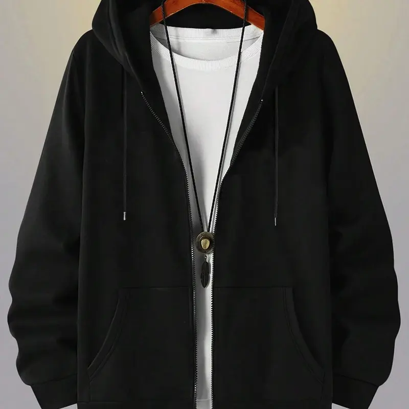 Men's Solid Color Zip Up Hoodie, Casual Streetwear Hoodie, Casual Regular Fit Long Sleeve Hooded Sweatshirt for Fall & Winter, Men's Clothes for Daily Wear, Everyday Zip Up Tops, Zipper Hoodie