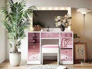 15-LED Bulb Makeup  Lighted  Vanity Set w/ 3-Color Dimmable Light & Charging Station, 11-Drawer Glass Top Dressing Table, Cushioned Stool w/ Hidden Storage, Pink Finish for Bedroom homw decor
