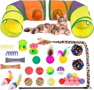 33 Pcs Cat Toys Bundle, Cat Game Tunnel for Indoor Cats, Kitten Toys Collapsible Cat Tunnels Tube Tent, Cat Feather Teaser Wand, Cat Springs Bell Rainbow Ball Crinkle Toy Mouse Toys Pompom Ball