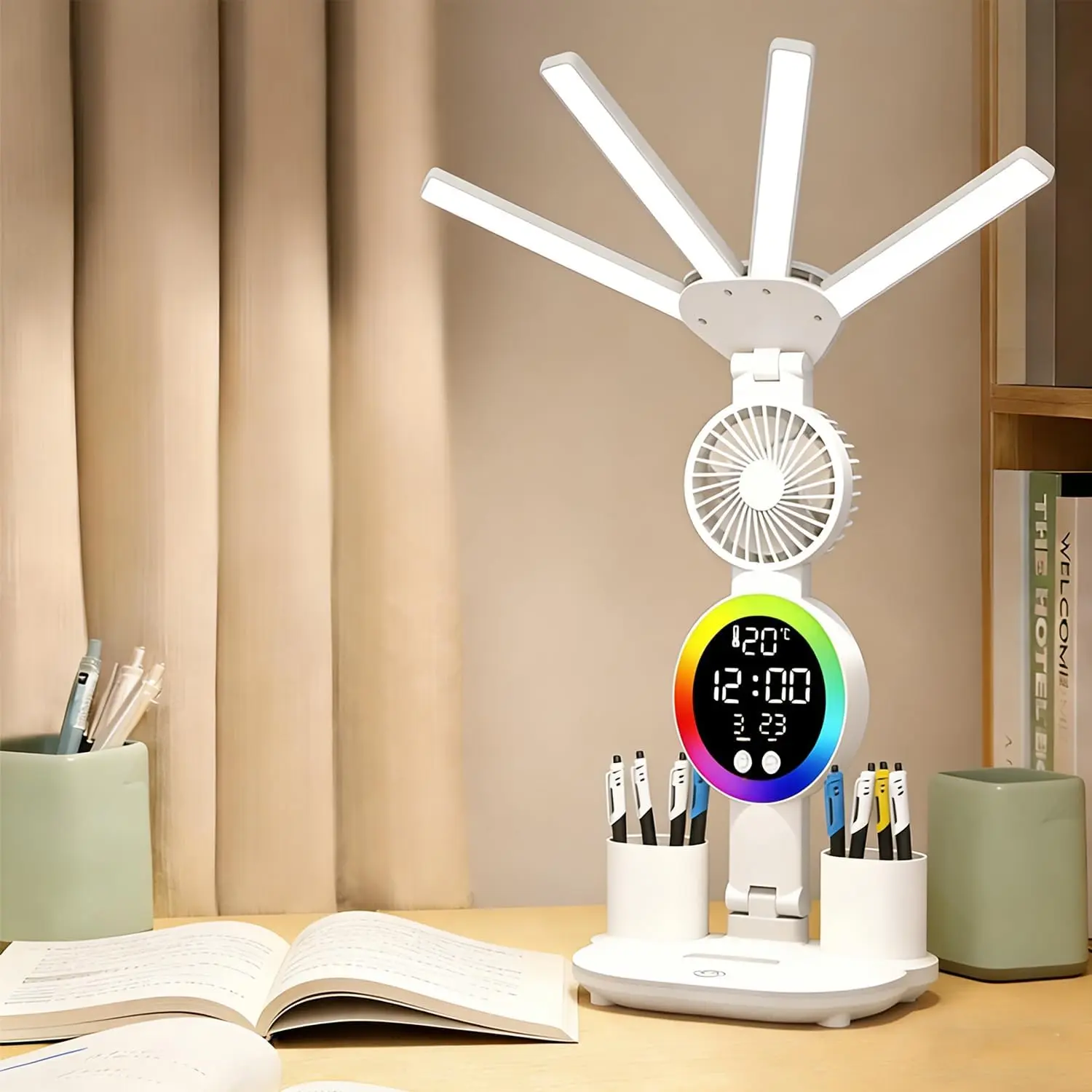 Foldable Led Desk Lamp with Fan Clock Light Study, 3 Lighting Modes, Adjustable Table Lamp Dimmable Eye Caring Reading Lamp for Home Office College Dorm Bedroom Bedside