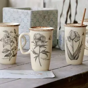 Vintage Ceramic Mug, Large Capacity Floral Pattern Cup, French Style Home & Office Use, Coffee Cup, Water Cup, Latte, Herbal Tea Cup