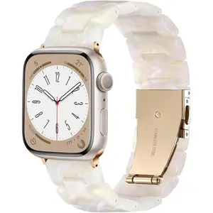 Tortoise Resin Replacement Band for Apple Watch, Women's Fashion Lightweight Floral Shell Strap Compatible with iWatch Series 10/9/8/7/6/5/4/3/2/SE/Ultra (38mm,40mm,41mm,42mm), Durable Colorful Ivory White Smart Watch Accessory with Steel Amber Accent, Ac