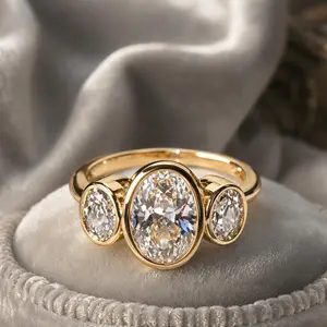 3-Stone Oval Cubic Zirconia Ring | Vintage-Inspired Gold Plated Wedding & Promise Band for Women