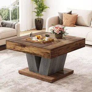 Tribesigns Square Coffee Table, Rustic Brown & Black Modern Center Table with Adjustable Foot Pads for Happy Hours, Living Room, Cocktail Tea Table, and Decorative Items