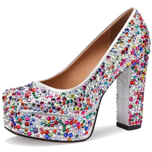 TDD Platform Heels for Women Glitter Crystal Rhinestone Square Toe Closed Toe Chunky Pumps Comfortable Dressy Wedding Elegantes Wide Comfortable Tacones 5 Inch High Heels 105