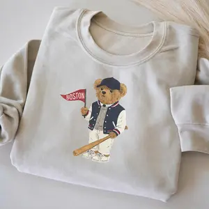 [Sale off up to 65%][Free Ship] Vintage Baseball Teddy Bear Sweatshirt, Blue Red Unisex Crewneck, Retro Sports Pullover