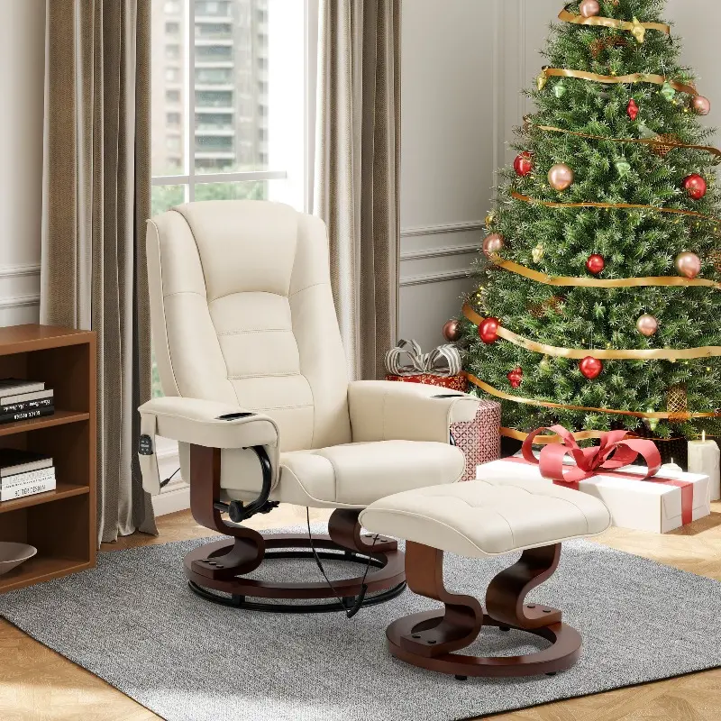 8-Point Vibration Heated Massage Recliner - Faux Leather with Ottoman, 360° Swivel Adjustable Lounge, Remote Control, Cup Holders & Side Pocket