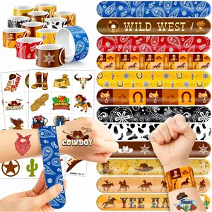 SQ-HDJ022 72PCS Cowboy Party Favors - 48PCS Pre-cut Temporary Tattoos & 24PCS Slap Bracelets - Cool Western Rodeo Themed Birthday Supplies, Decorations, Gifts, Classroom Prizes for Kids, Boys & Girls